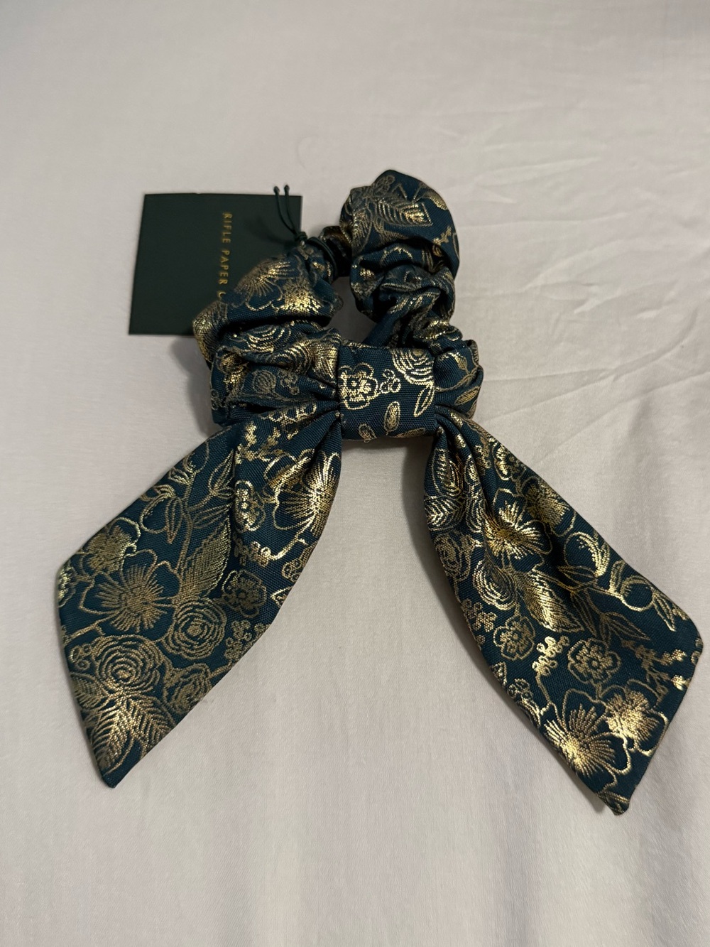 NWT Rifle Paper Co Hair Scrunchie / Bow Deep Green and Gold Floral